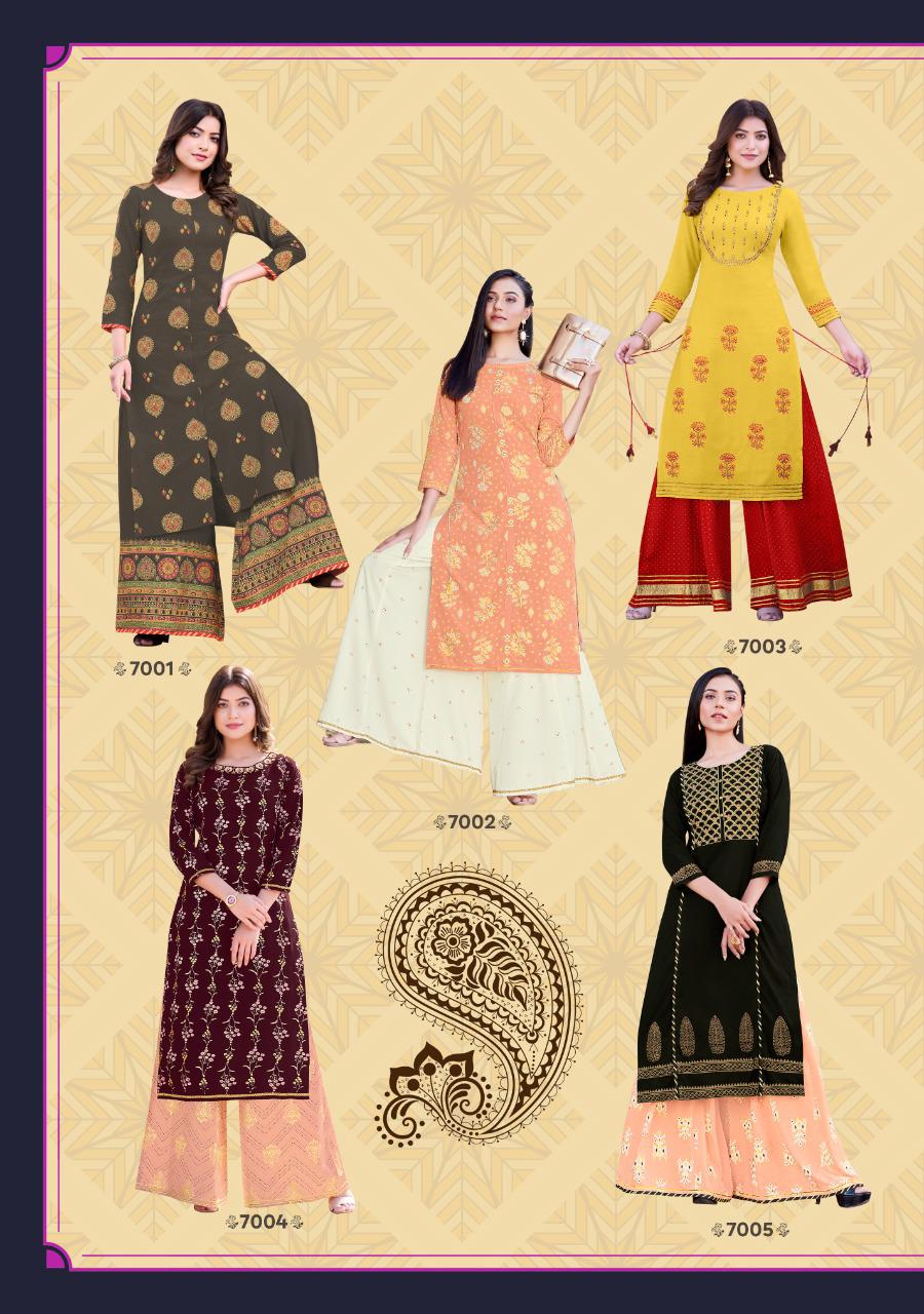 Fashion Label 7 Ethnic Wear Rayon Printed Kurti with Flair Palazzo And Sahara Collection
